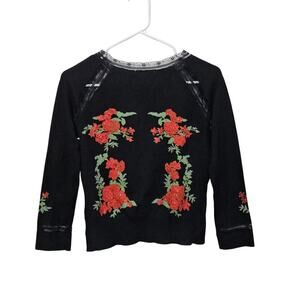 Black Floral Cardigan Sweater Lace Trim Beaded Diamond Buttons 3/4 Sleeves Sz M